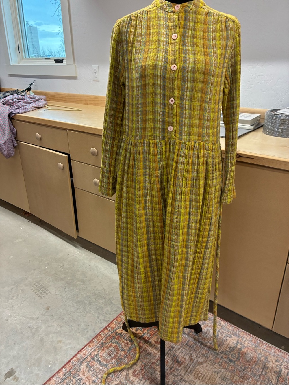 Ace and Jig Classic Long-Sleeve Plaid Midi Dress in Mustard Yellow Braided belt.